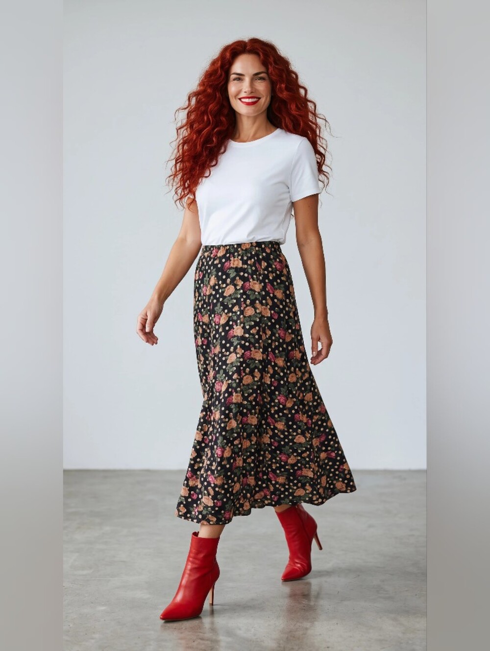JEFFREY CRAIG Floral Black Midi Skirt - Women's Floral A-Line Skirt SIZE LARGE